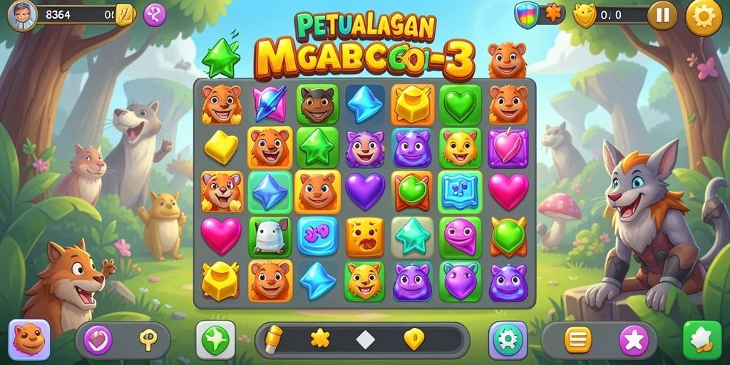 Gameplay seru Match-3 dengan tantangan menarik.
