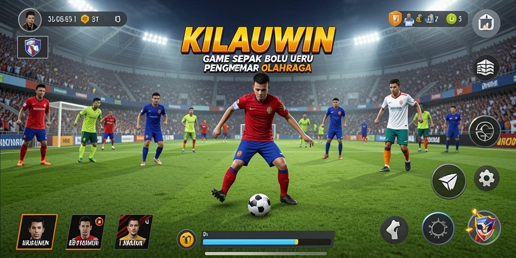 Tangkapan layar permainan KILAUWIN yang menampilkan aksi sepak bola yang mendebarkan.
