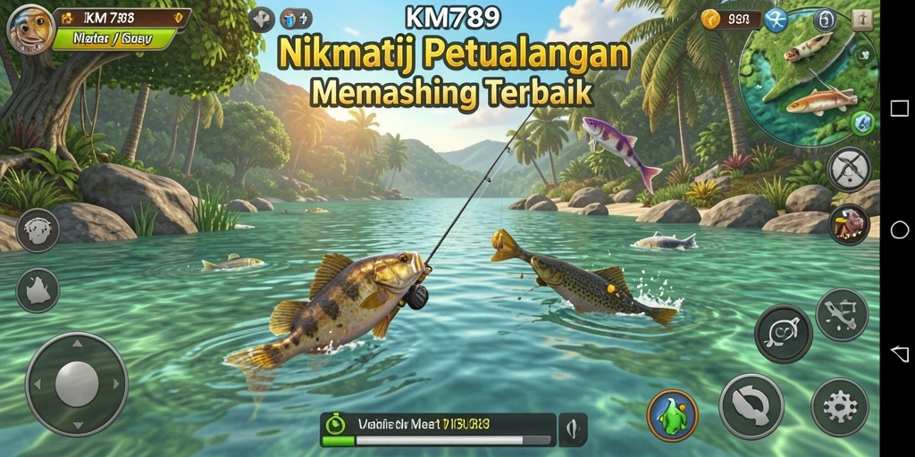 Tampilan gameplay KM789 yang mendebarkan saat memancing ikan besar.