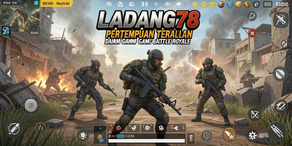 Tangkapan layar utama LADANG78 menampilkan aksi seru dalam pertempuran Battle Royale.