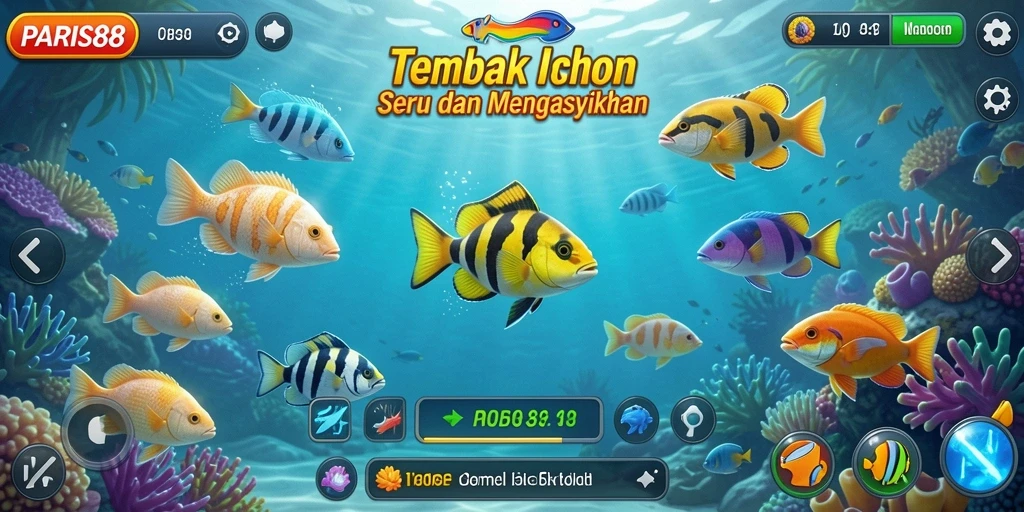 Tampilan dinamis gameplay Tembak Ikan di PARIS88 dengan berbagai ikan yang menari.