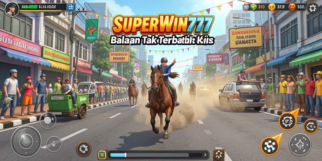 Screenshot dari gameplay SUPERWIN777 menunjukkan balapan seru di jalanan kota.