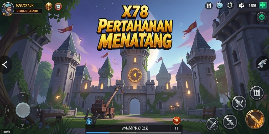 Tampilan gameplay X78 dengan berbagai menara strategis dan musuh yang menyerang.