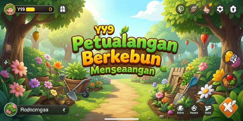 Screenshot gameplay Y89 dengan kebun yang indah dan hewan ternak yang menggemaskan.
